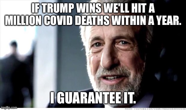 I Guarantee It Meme | IF TRUMP WINS WE'LL HIT A MILLION COVID DEATHS WITHIN A YEAR. I GUARANTEE IT. | image tagged in memes,i guarantee it | made w/ Imgflip meme maker