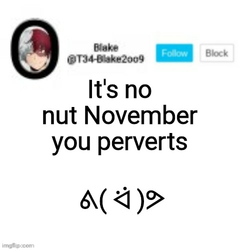 G o | It's no nut November you perverts; ᕕ( ᐛ )ᕗ | image tagged in blake2oo9 anouncement template | made w/ Imgflip meme maker