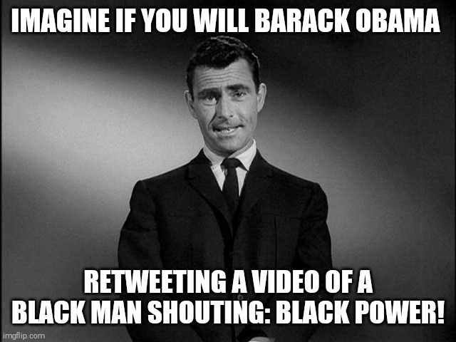 The reptards would go NUTS!!! | IMAGINE IF YOU WILL BARACK OBAMA; RETWEETING A VIDEO OF A BLACK MAN SHOUTING: BLACK POWER! | image tagged in memes,trump supporter,racist | made w/ Imgflip meme maker