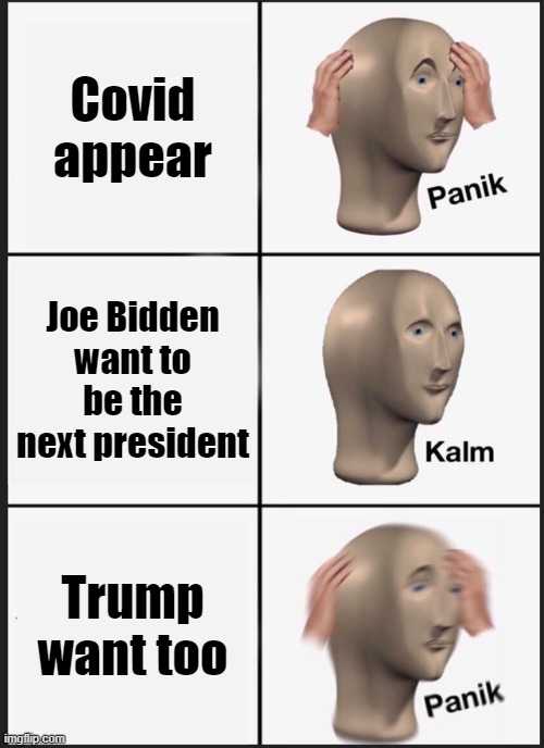 Panik Kalm Panik Meme | Covid appear; Joe Bidden want to be the next president; Trump want too | image tagged in memes,panik kalm panik | made w/ Imgflip meme maker