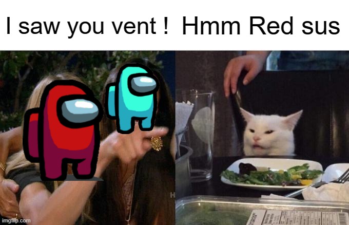 Red sus | I saw you vent ! Hmm Red sus | image tagged in memes,woman yelling at cat | made w/ Imgflip meme maker