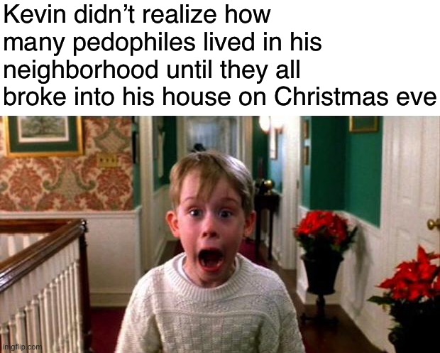 Poor Kevin | Kevin didn’t realize how many pedophiles lived in his neighborhood until they all broke into his house on Christmas eve | image tagged in blank white template,kevin home alone,pedophile,funny,memes | made w/ Imgflip meme maker