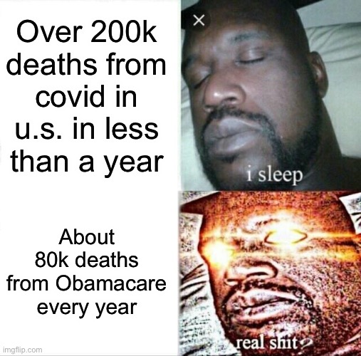 Sleeping Shaq Meme | Over 200k deaths from covid in u.s. in less than a year About 80k deaths from Obamacare every year | image tagged in memes,sleeping shaq | made w/ Imgflip meme maker