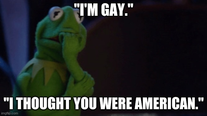 Nervous Kermit | "I'M GAY."; "I THOUGHT YOU WERE AMERICAN." | image tagged in nervous kermit | made w/ Imgflip meme maker