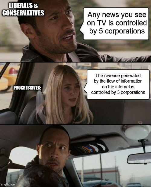 The Rock Driving Meme | LIBERALS &
CONSERVATIVES; Any news you see on TV is controlled by 5 corporations; The revenue generated by the flow of information on the internet is controlled by 3 corporations; PROGRESSIVES: | image tagged in memes,the rock driving | made w/ Imgflip meme maker
