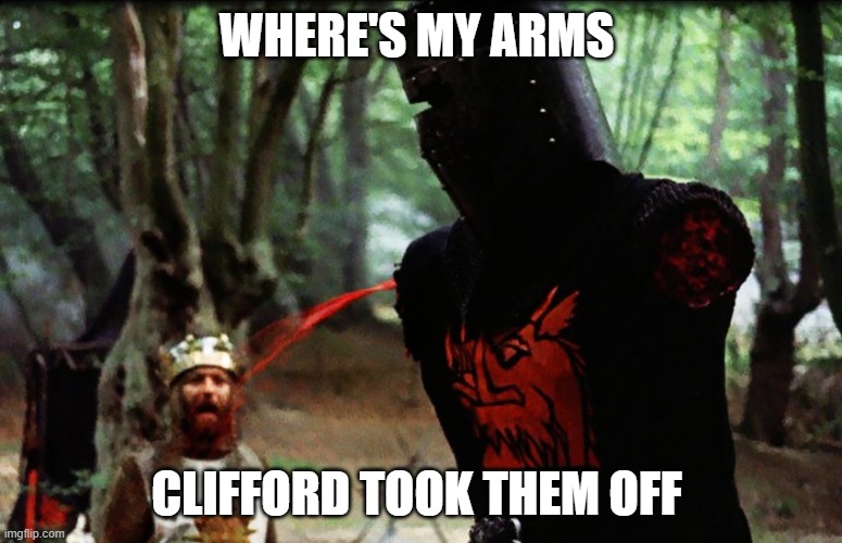 me when I fight a big target | WHERE'S MY ARMS; CLIFFORD TOOK THEM OFF | image tagged in monty python black knight | made w/ Imgflip meme maker