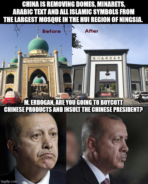 Variable geometry indignation | CHINA IS REMOVING DOMES, MINARETS, ARABIC TEXT AND ALL ISLAMIC SYMBOLS FROM THE LARGEST MOSQUE IN THE HUI REGION OF NINGSIA. M. ERDOGAN, ARE YOU GOING TO BOYCOTT CHINESE PRODUCTS AND INSULT THE CHINESE PRESIDENT? | image tagged in erdogan,turkish,france,china,islam,cartoons | made w/ Imgflip meme maker