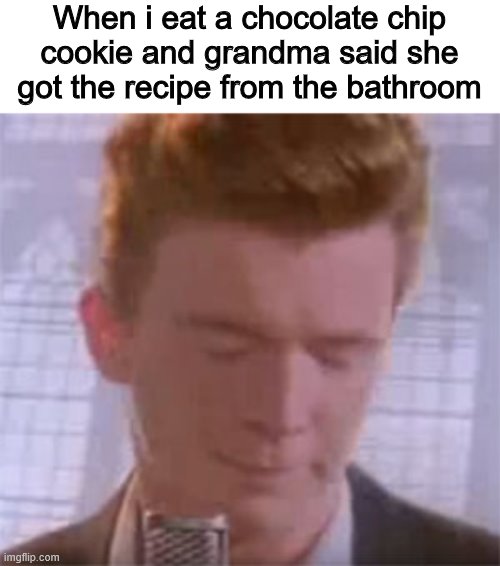 cooky | When i eat a chocolate chip cookie and grandma said she got the recipe from the bathroom | image tagged in memes,funny,rickroll,cookie,stop reading the tags | made w/ Imgflip meme maker