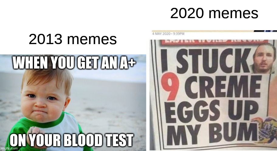 2020 memes; 2013 memes; WHEN YOU GET AN A+; ON YOUR BLOOD TEST | image tagged in memes,success kid original | made w/ Imgflip meme maker