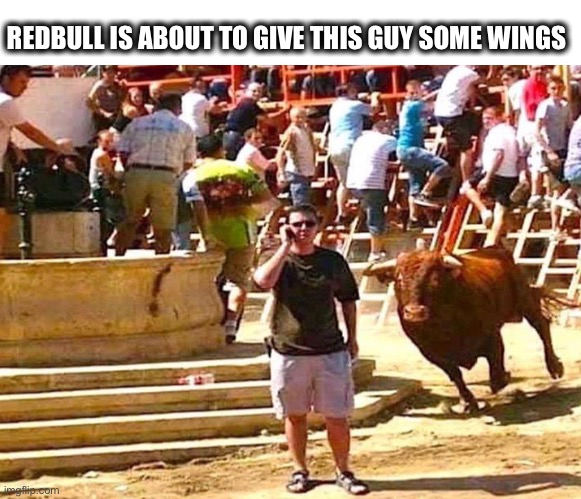 Redbull gives you wings | REDBULL IS ABOUT TO GIVE THIS GUY SOME WINGS | image tagged in running of the bulls,redbull,wings,phone,standing,memes | made w/ Imgflip meme maker