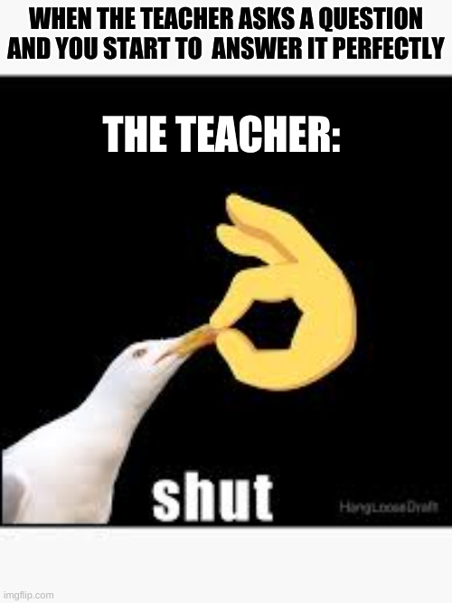 Shut | WHEN THE TEACHER ASKS A QUESTION AND YOU START TO  ANSWER IT PERFECTLY; THE TEACHER: | image tagged in fun stuff,school meme | made w/ Imgflip meme maker