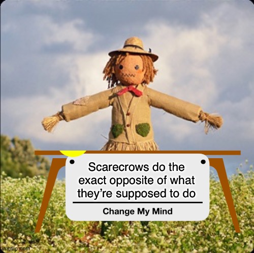 Scarecrows attract crows | Scarecrows do the exact opposite of what they’re supposed to do | image tagged in scarecrow,crows,change my mind,fall,funny,memes | made w/ Imgflip meme maker