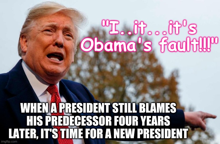 Trump blames Obama for all of Trump's failures | "I..it...it's Obama's fault!!!"; WHEN A PRESIDENT STILL BLAMES HIS PREDECESSOR FOUR YEARS LATER, IT'S TIME FOR A NEW PRESIDENT | image tagged in trump crying,blame game,obama,trump,election,lame | made w/ Imgflip meme maker