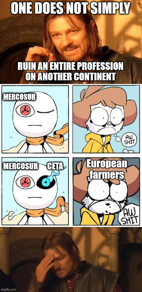 One does not simply make a meme about business tactics | ONE DOES NOT SIMPLY; RUIN AN ENTIRE PROFESSION
ON ANOTHER CONTINENT; MERCOSUR; European
farmers; CETA; MERCOSUR | image tagged in memes,one does not simply | made w/ Imgflip meme maker