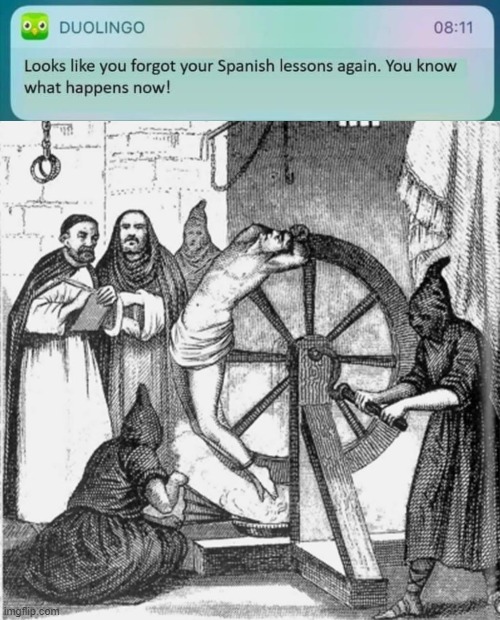 Inqusition Duolingo | image tagged in holy spanish inquisition,spanish inquisition,duolingo,torture,historical meme | made w/ Imgflip meme maker