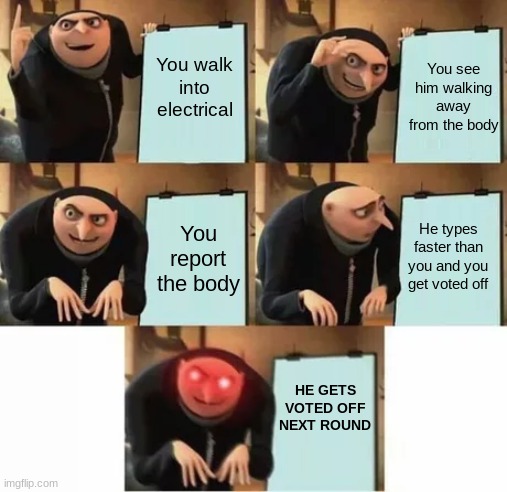 Sweet revenge | You see him walking away from the body; You walk into electrical; He types faster than you and you get voted off; You report the body; HE GETS VOTED OFF NEXT ROUND | image tagged in gru's plan red eyes edition,among us | made w/ Imgflip meme maker