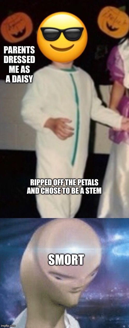 PARENTS DRESSED ME AS A DAISY; RIPPED OFF THE PETALS AND CHOSE TO BE A STEM; SMORT | image tagged in smort,happy halloween,halloween costume | made w/ Imgflip meme maker
