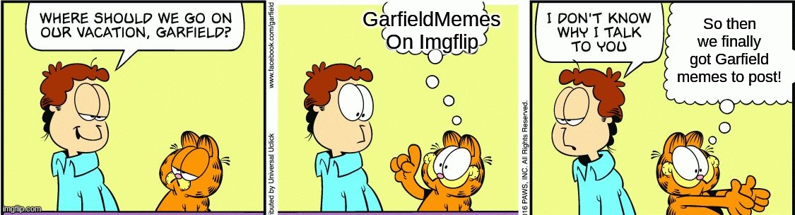 Post Some Garfield Memes! | GarfieldMemes On Imgflip; So then we finally got Garfield memes to post! | image tagged in garfield comic vacation | made w/ Imgflip meme maker
