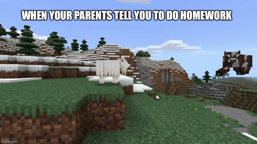 Minecraft Goat | WHEN YOUR PARENTS TELL YOU TO DO HOMEWORK | image tagged in minecraft goat yeet | made w/ Imgflip meme maker