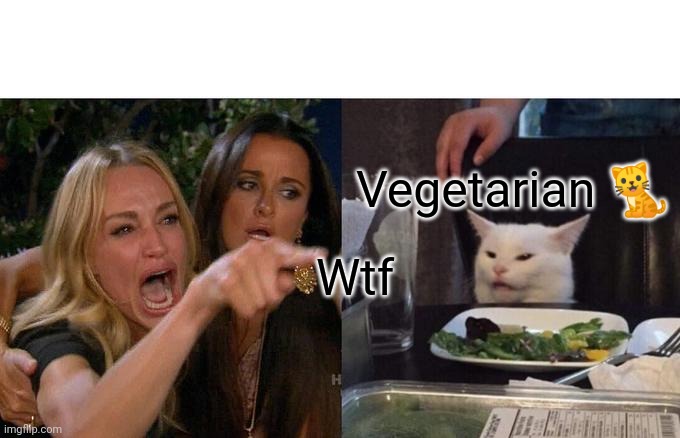 Woman Yelling At Cat | Vegetarian 🐈; Wtf | image tagged in memes,woman yelling at cat | made w/ Imgflip meme maker