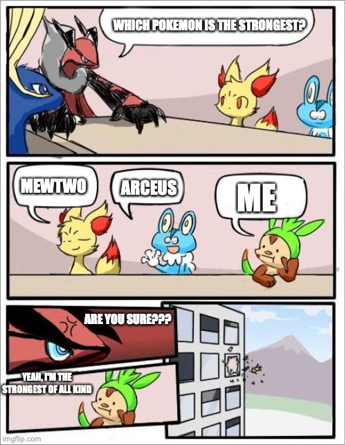 Pokemon Board Meeting | WHICH POKEMON IS THE STRONGEST? MEWTWO; ARCEUS; ME; ARE YOU SURE??? YEAH, I'M THE STRONGEST OF ALL KIND | image tagged in pokemon board meeting | made w/ Imgflip meme maker