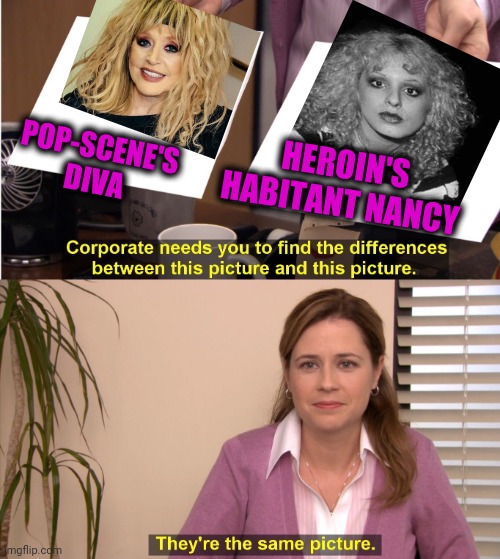 -Simular to style of life. | POP-SCENE'S DIVA; HEROIN'S HABITANT NANCY | image tagged in memes,they're the same picture,heroin,pop music,singing,whisper in ear goosebumps | made w/ Imgflip meme maker