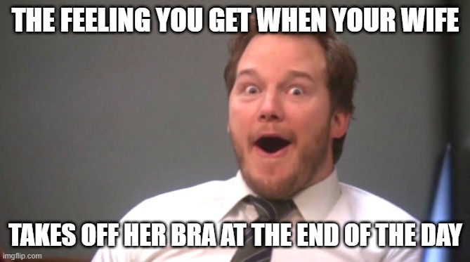 Chris Pratt Happy | THE FEELING YOU GET WHEN YOUR WIFE; TAKES OFF HER BRA AT THE END OF THE DAY | image tagged in chris pratt happy,memes,funny,funny memes | made w/ Imgflip meme maker