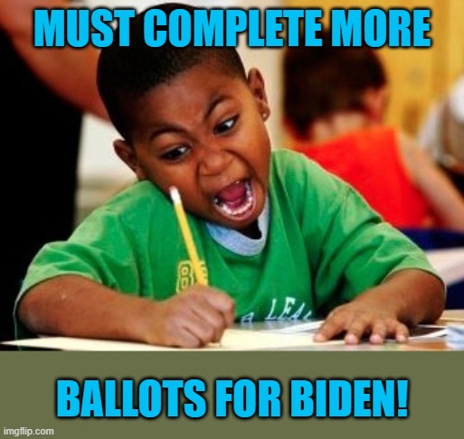 kid writing fast | MUST COMPLETE MORE BALLOTS FOR BIDEN! | image tagged in kid writing fast | made w/ Imgflip meme maker