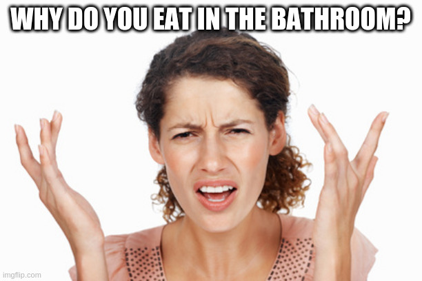 come on this is unhygenic | WHY DO YOU EAT IN THE BATHROOM? | image tagged in indignant | made w/ Imgflip meme maker