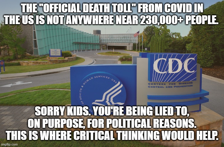 Because Human Nature Always Exists And People Lie. It's Just What We Do. | THE "OFFICIAL DEATH TOLL" FROM COVID IN THE US IS NOT ANYWHERE NEAR 230,000+ PEOPLE. SORRY KIDS. YOU'RE BEING LIED TO, ON PURPOSE, FOR POLITICAL REASONS. THIS IS WHERE CRITICAL THINKING WOULD HELP. | image tagged in cdc,is,lying,and being,lied to | made w/ Imgflip meme maker