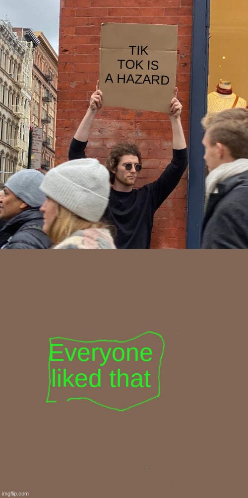 TIK TOK IS A HAZARD; Everyone liked that | image tagged in memes,guy holding cardboard sign | made w/ Imgflip meme maker