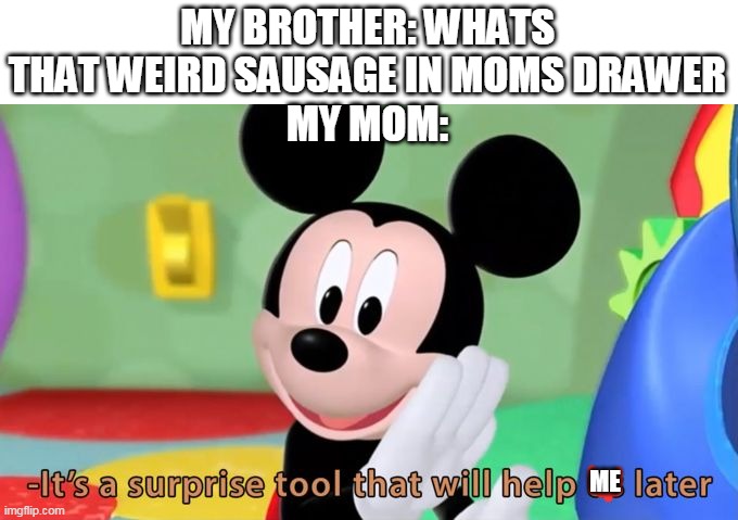 Mickey mouse tool | MY BROTHER: WHATS THAT WEIRD SAUSAGE IN MOMS DRAWER
MY MOM:; ME | image tagged in mickey mouse tool | made w/ Imgflip meme maker
