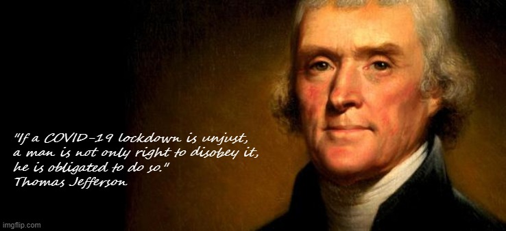 Thomas Jefferson on COVID-1984 | "If a COVID-19 lockdown is unjust,
a man is not only right to disobey it,
he is obligated to do so."
Thomas Jefferson | image tagged in thomas jefferson | made w/ Imgflip meme maker