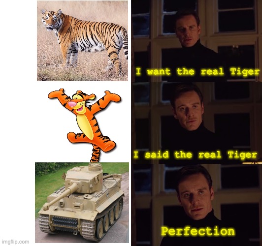 The Real Tiger | I want the real Tiger; I said the real Tiger; Perfection | image tagged in perfection,tiger,tank,ww2,world war 2,wwii | made w/ Imgflip meme maker
