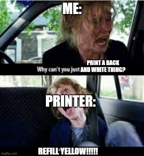 printers are stupid. | ME:; PRINT A BACK AND WHITE THING? PRINTER:; REFILL YELLOW!!!!! | image tagged in why cant you just be normal | made w/ Imgflip meme maker