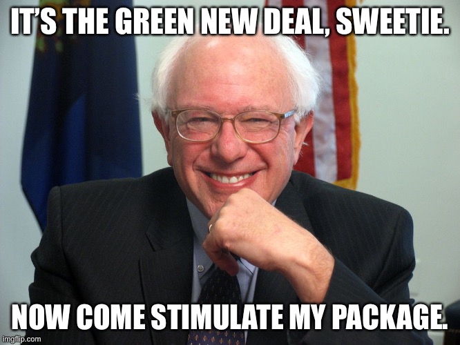 Vote Bernie Sanders | IT’S THE GREEN NEW DEAL, SWEETIE. NOW COME STIMULATE MY PACKAGE. | image tagged in vote bernie sanders | made w/ Imgflip meme maker