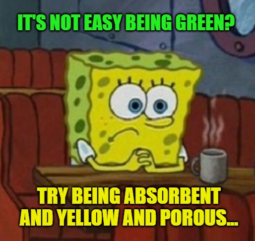 Lonely Spongebob | IT'S NOT EASY BEING GREEN? TRY BEING ABSORBENT AND YELLOW AND POROUS... | image tagged in lonely spongebob | made w/ Imgflip meme maker