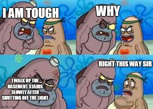 salty spatoon | WHY; I AM TOUGH; RIGHT THIS WAY SIR; I WALK UP THE BASEMENT STAIRS SLOWLY AFTER SHUTTING OFF THE LIGHT | image tagged in salty spatoon | made w/ Imgflip meme maker