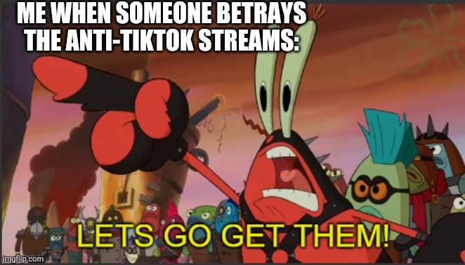 Being A Traitor Is Very Illegal (don't do that....EVER) | ME WHEN SOMEONE BETRAYS THE ANTI-TIKTOK STREAMS: | image tagged in mr krabs lets go get them | made w/ Imgflip meme maker