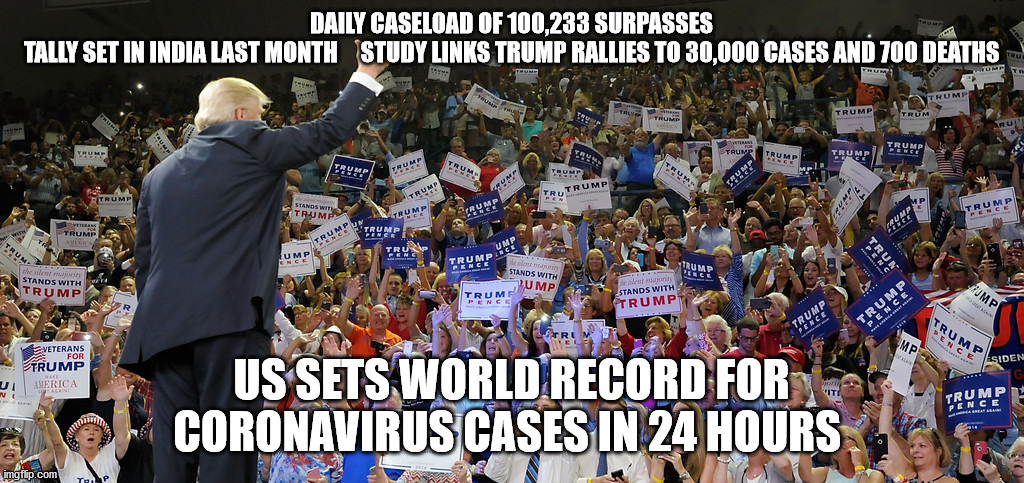 WTF Trump... | DAILY CASELOAD OF 100,233 SURPASSES TALLY SET IN INDIA LAST MONTH     STUDY LINKS TRUMP RALLIES TO 30,000 CASES AND 700 DEATHS; US SETS WORLD RECORD FOR CORONAVIRUS CASES IN 24 HOURS | image tagged in trump rally,trump,biden,election2020 | made w/ Imgflip meme maker
