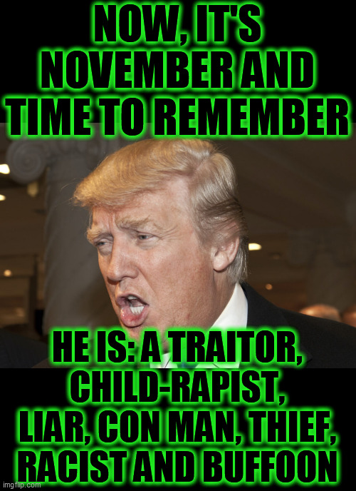 DON'T GET FOOLED, AGAIN! Russia is assisting him again. We cannot afford another term of this overgrown toddler. Dump Trump! | NOW, IT'S NOVEMBER AND TIME TO REMEMBER; HE IS: A TRAITOR, CHILD-RAPIST, LIAR, CON MAN, THIEF, RACIST AND BUFFOON | image tagged in dump the turd november 3rd,dump trump,pedophile,trump unfit unqualified dangerous,2020 elections | made w/ Imgflip meme maker