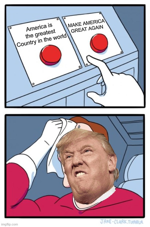 America is the greatest Country in the world; MAKE AMERICA GREAT AGAIN | MAKE AMERICA GREAT AGAIN; America is the greatest Country in the world | image tagged in memes,two buttons | made w/ Imgflip meme maker