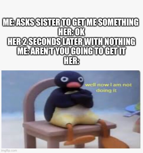 Sisters will be sisters | ME: ASKS SISTER TO GET ME SOMETHING 
HER: OK
HER 2 SECONDS LATER WITH NOTHING
ME: AREN’T YOU GOING TO GET IT
HER: | image tagged in well now i am not doing it | made w/ Imgflip meme maker