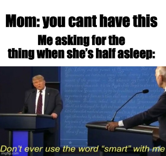 Don't ever use the word smart with me. |  Mom: you cant have this; Me asking for the thing when she’s half asleep: | image tagged in don't ever use the word smart with me | made w/ Imgflip meme maker