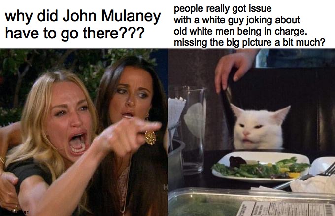 protect mulaney | people really got issue with a white guy joking about old white men being in charge. missing the big picture a bit much? why did John Mulaney have to go there??? | image tagged in memes,woman yelling at cat | made w/ Imgflip meme maker