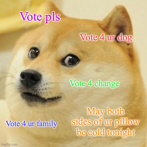 Vote 4 doge | Vote pls; Vote 4 ur dog; Vote 4 change; May both sides of ur pillow be cold tonight; Vote 4 ur family | image tagged in memes,doge,vote | made w/ Imgflip meme maker
