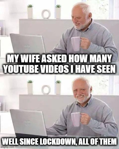 Hide the Pain Harold | MY WIFE ASKED HOW MANY YOUTUBE VIDEOS I HAVE SEEN; WELL SINCE LOCKDOWN, ALL OF THEM | image tagged in memes,hide the pain harold,fun,coronavirus,youtube | made w/ Imgflip meme maker