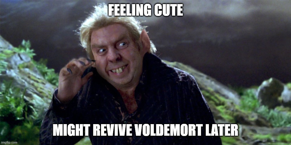 Cute Evil | FEELING CUTE; MIGHT REVIVE VOLDEMORT LATER | image tagged in harry potter,harry potter meme,jk rowling,lord voldemort,naughty,feeling cute | made w/ Imgflip meme maker