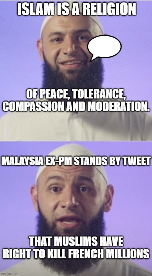 Islam is a religion of peace... Malaysia ex-PM stands by tweet that Muslims have right to kill French millions | ISLAM IS A RELIGION; OF PEACE, TOLERANCE, COMPASSION AND MODERATION. MALAYSIA EX-PM STANDS BY TWEET; THAT MUSLIMS HAVE RIGHT TO KILL FRENCH MILLIONS | image tagged in surprised muslim | made w/ Imgflip meme maker