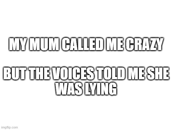 ... | MY MUM CALLED ME CRAZY; BUT THE VOICES TOLD ME SHE
WAS LYING | image tagged in blank white template,funny,meme,funny memes,lol,haha | made w/ Imgflip meme maker